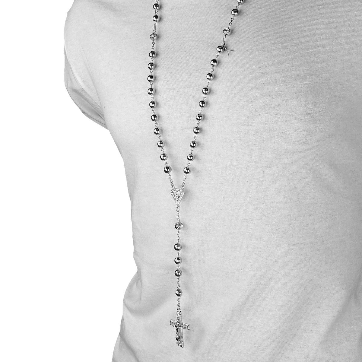 8mm Silver Beads D-shape CZ Rosary & Jesus Cross
