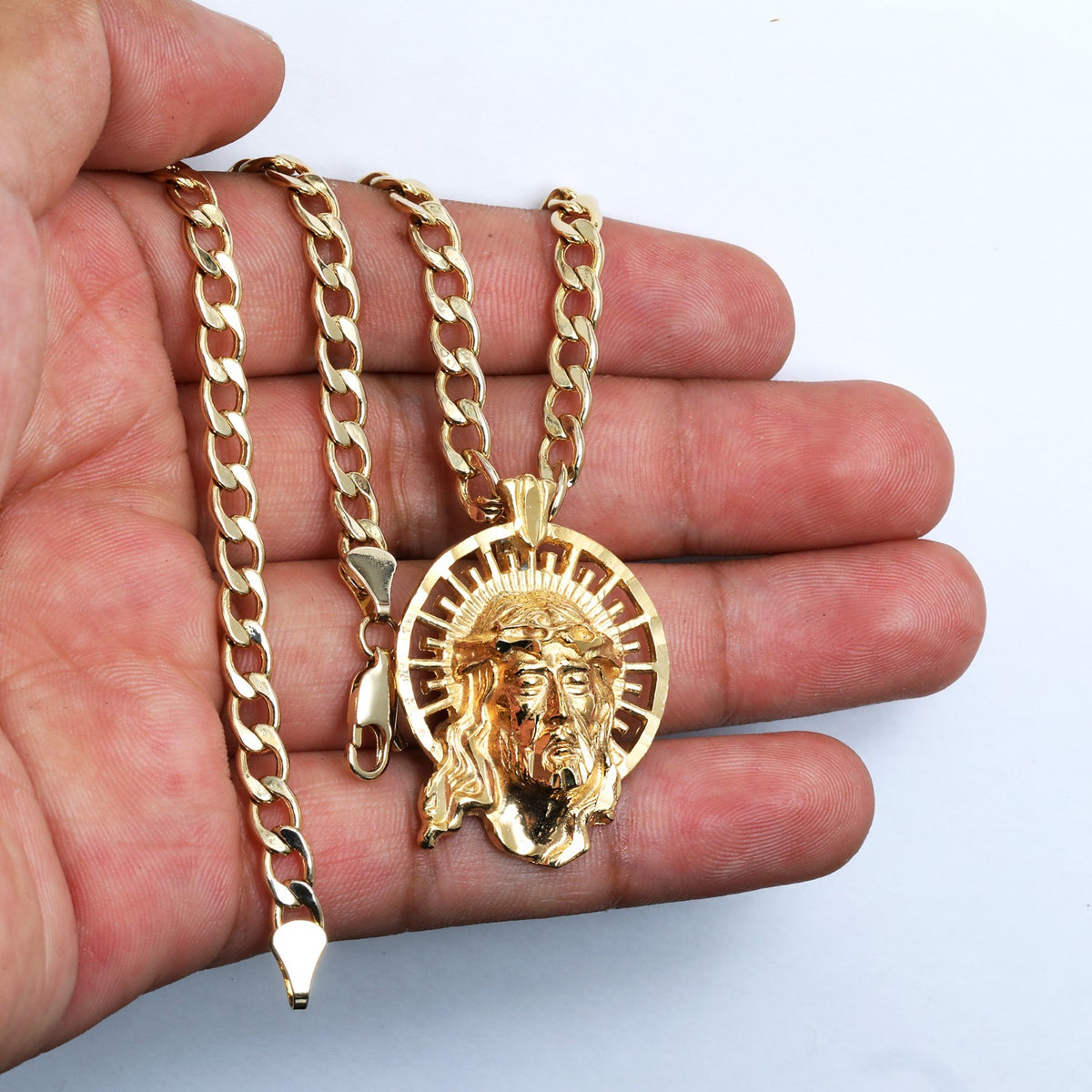Risen Jesus Halo Face 14k Gold 5mm 20" Cuban Necklace Choker Chain