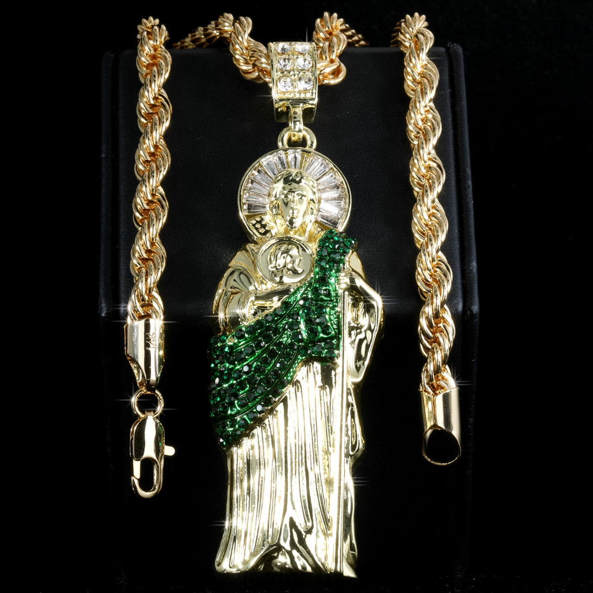14k Rope Chain Necklace 6mm - 20" 24" 30" Green San Judas Pendant Gold