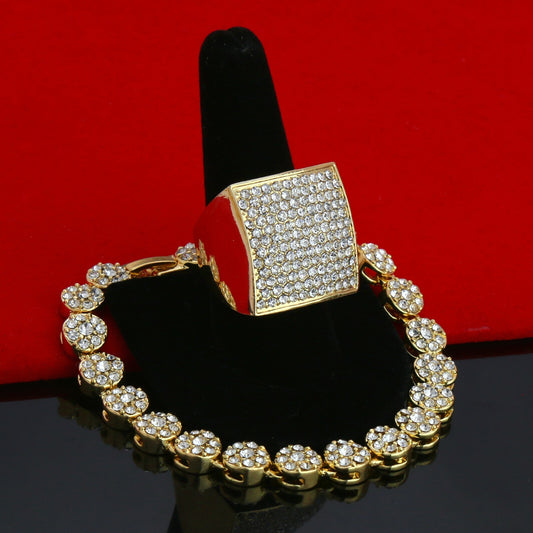 Men's Gold Iced CZ Round Flower Bracelet Huge Ring