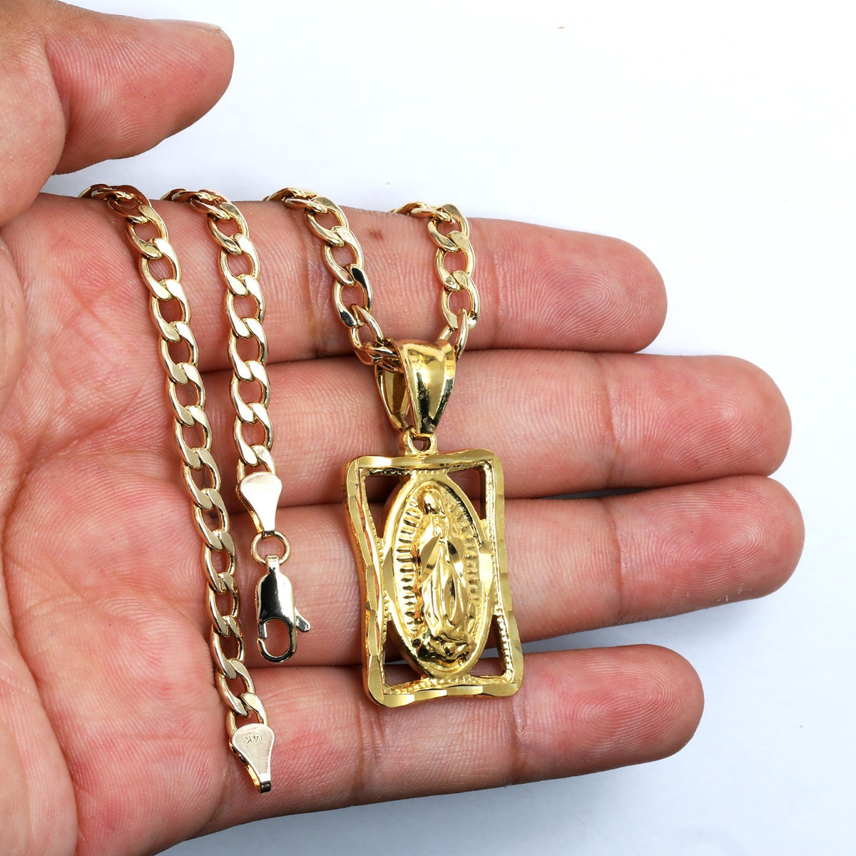 Hollow Virgin Mary Charm Pendant 14k Gold 5mm 20" Cuban Choker Chain