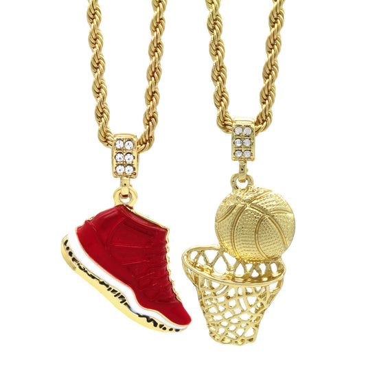 Gold Retro 11 Gym Red & Plain Basketball Pendant 4mm 24" Chain