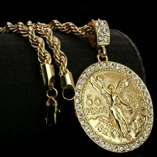 Centenario 50 Pesos Pendant Iced CZ Rope Chain 14k Gold