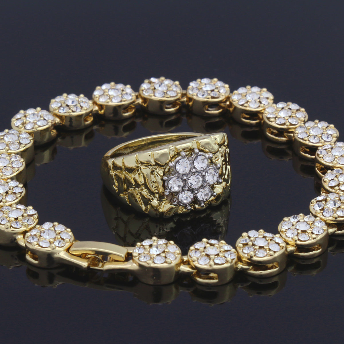 Men's 2pc Cluster CZ Bracelet Flower Ring Set 14k Gold