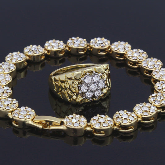 Men's 2pc Cluster CZ Bracelet Flower Ring Set 14k Gold