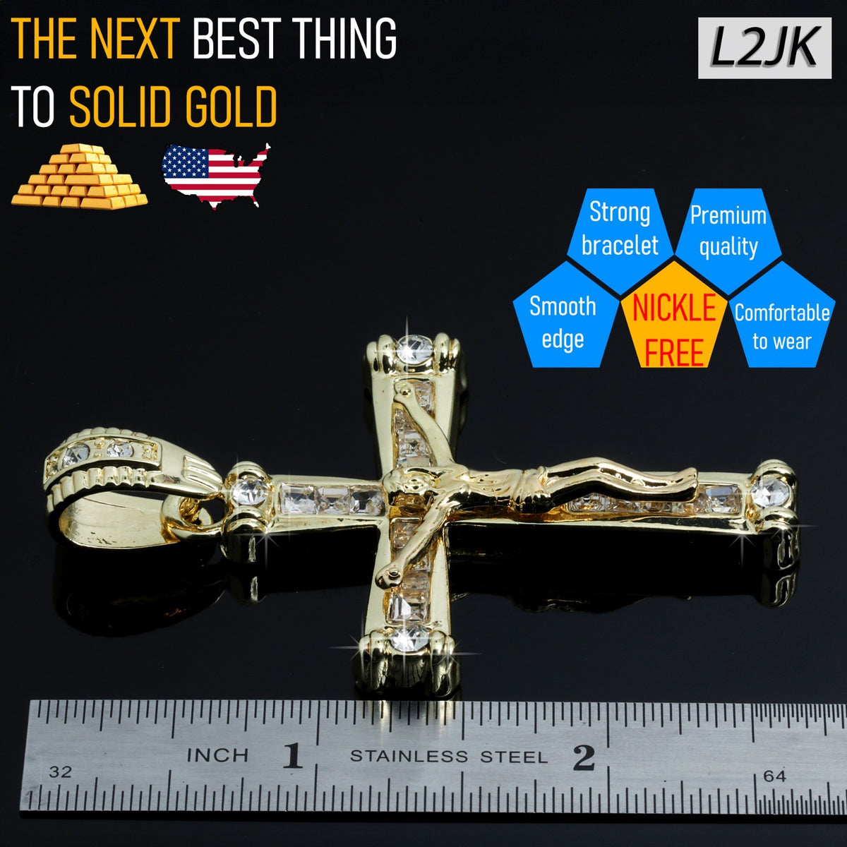 Iced Latin Jesus Cross Pendant CZ 14k Gold Rope Chain for Men
