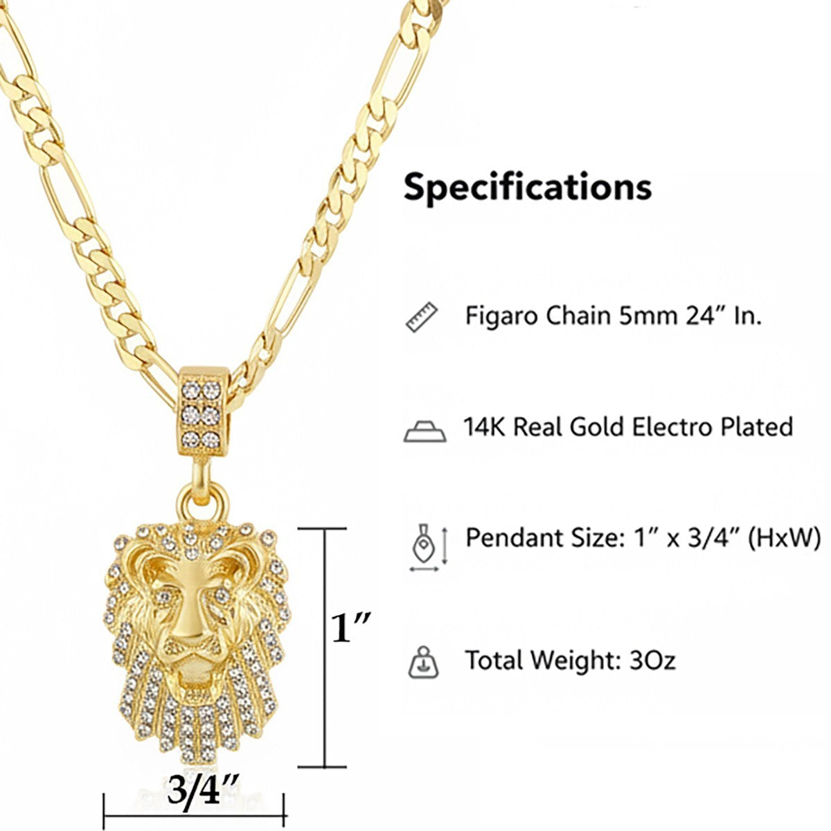 Men's Gold Tone CZ Lion Face Pendant 5mm 24" Figaro Necklace