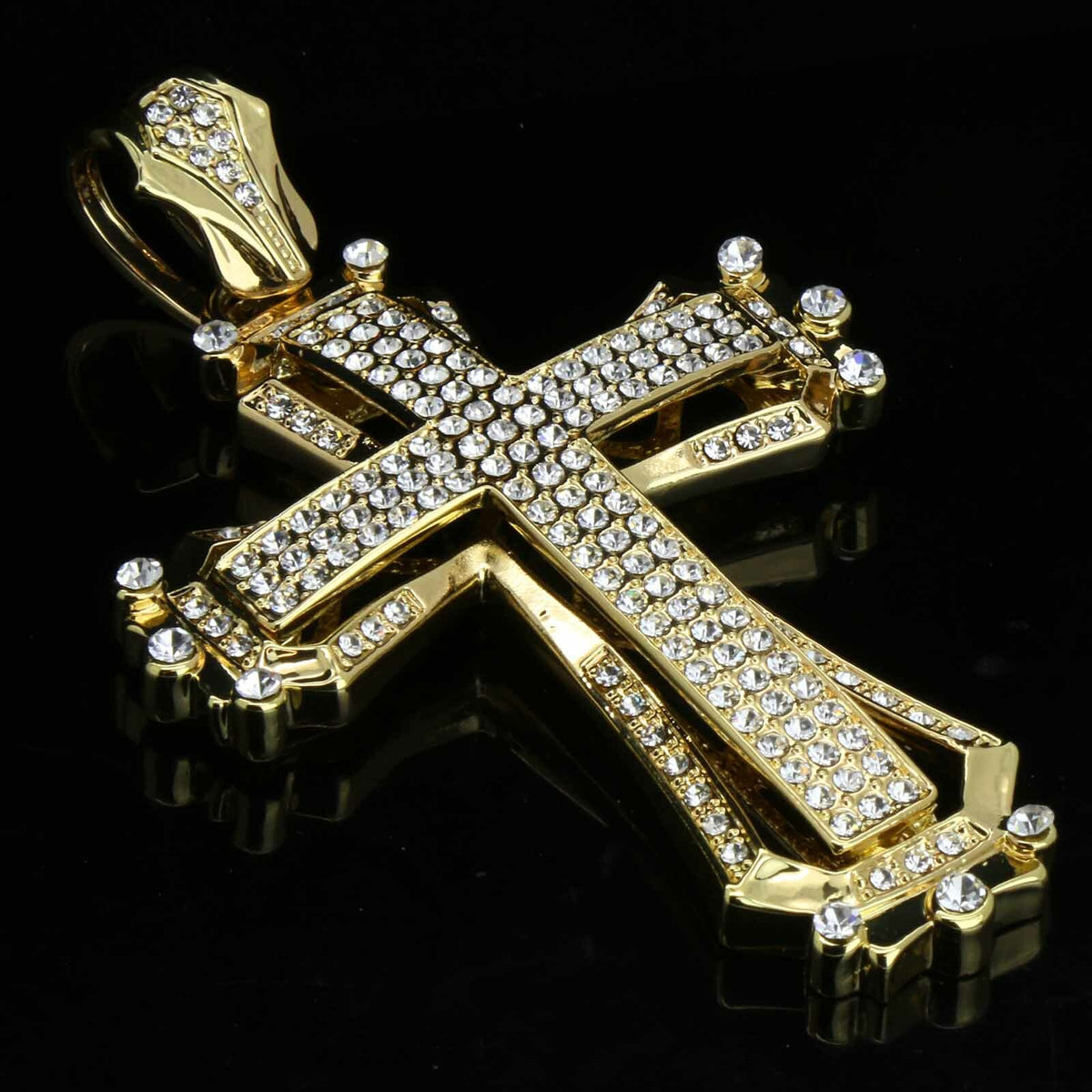 Gold Large Hollow Cross Pendant CZ 30" Cuban Chain
