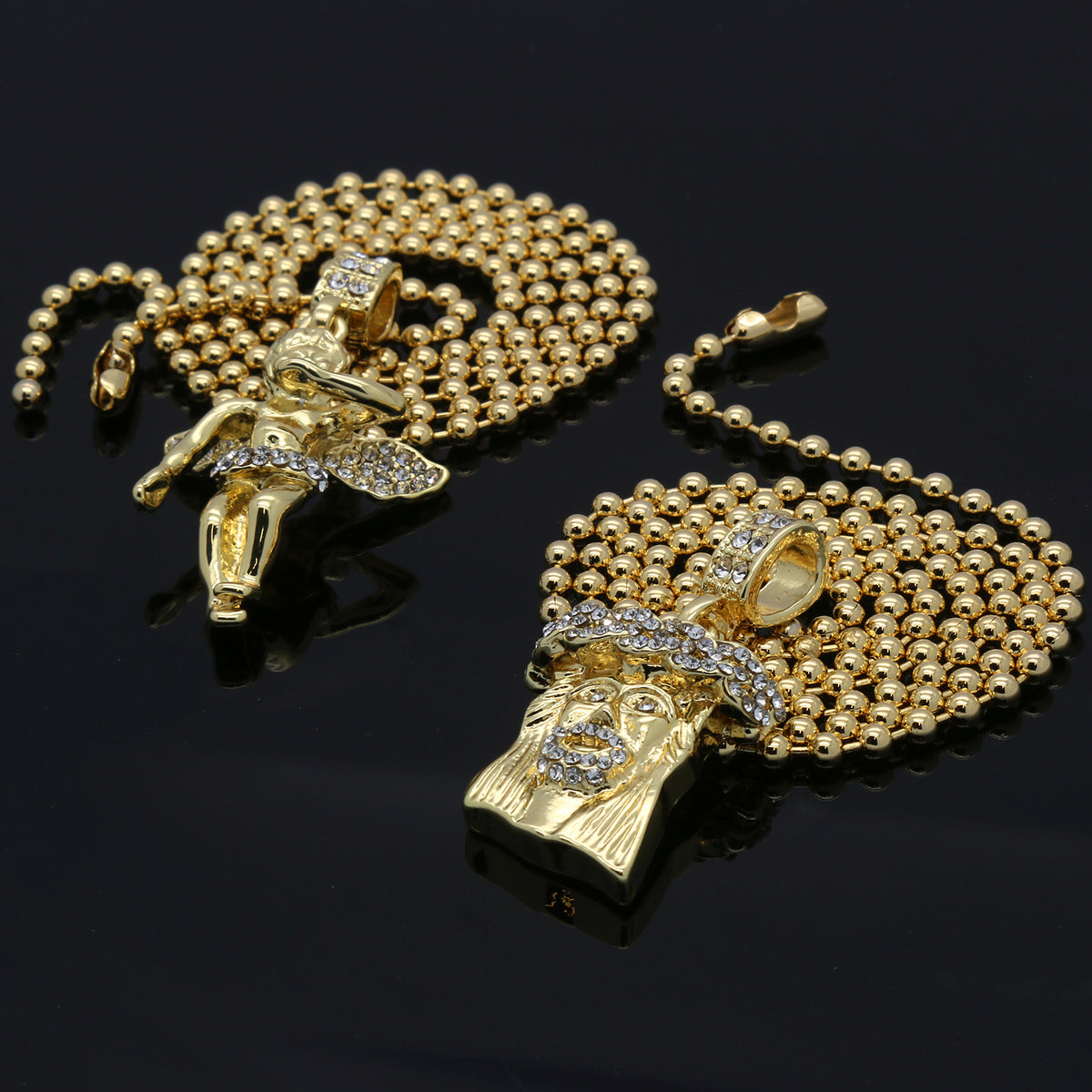 Men's Gold Jesus Angel Piece Combo Set CZ Pendant Chain