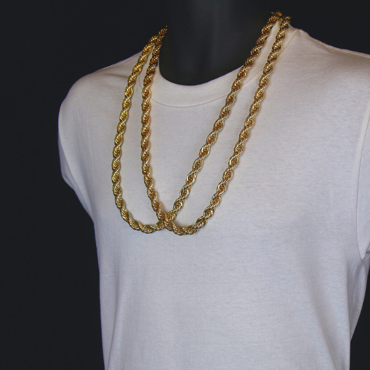 Men's 24k Gold Two 10mm 30" Thick Rope Chain Style Necklace Set