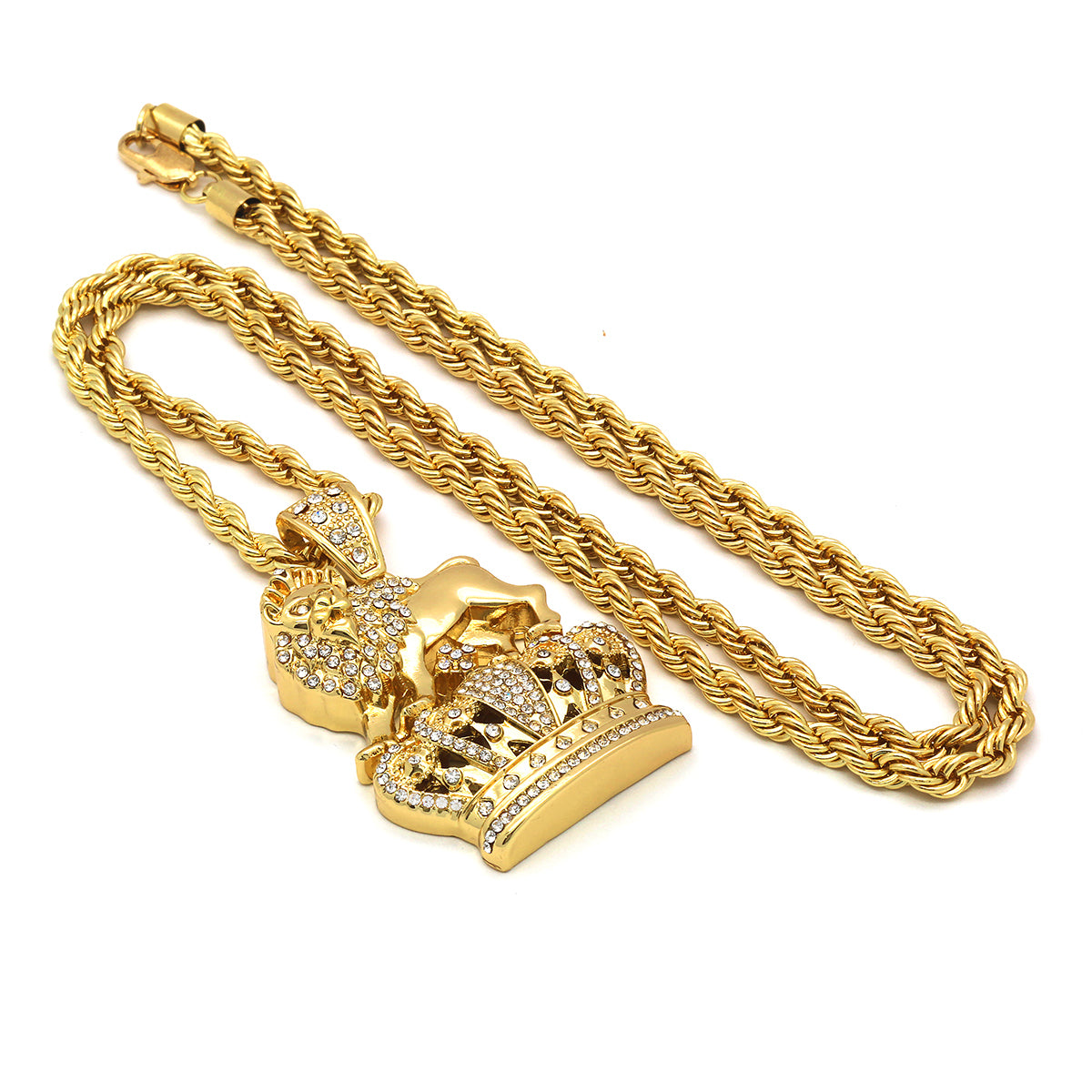 14k Gold Royal Lion Crown CZ Pendant 4mm 30" Rope Chain