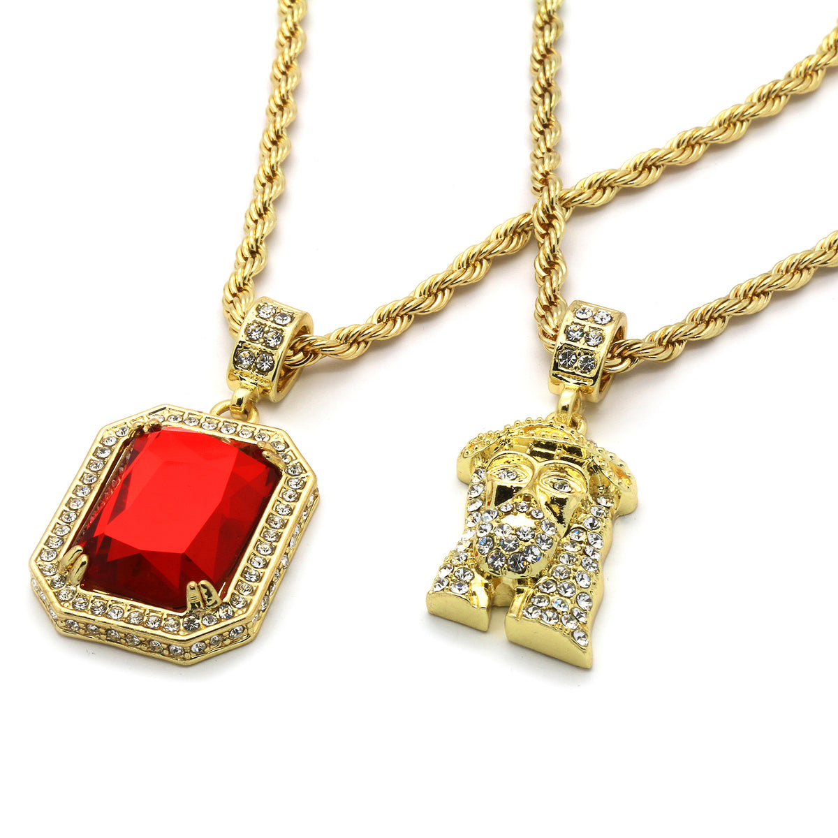 14k Gold & Jesus Pendant CZ 4mm 30" & 24" Rope Chain