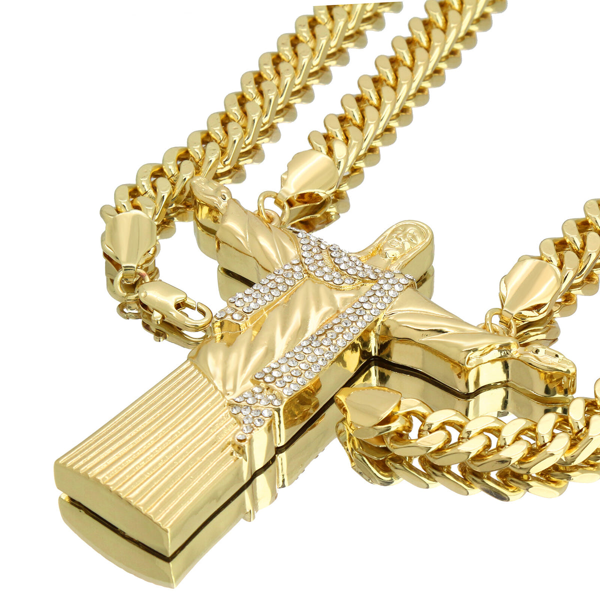 Gold Huge Christ the Redeemer Pendant CZ 30" Cuban Chain