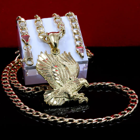 Golden Eagle Pendant 14k Gold Lucky Charm 20" Cuban Link Choker Chain 212