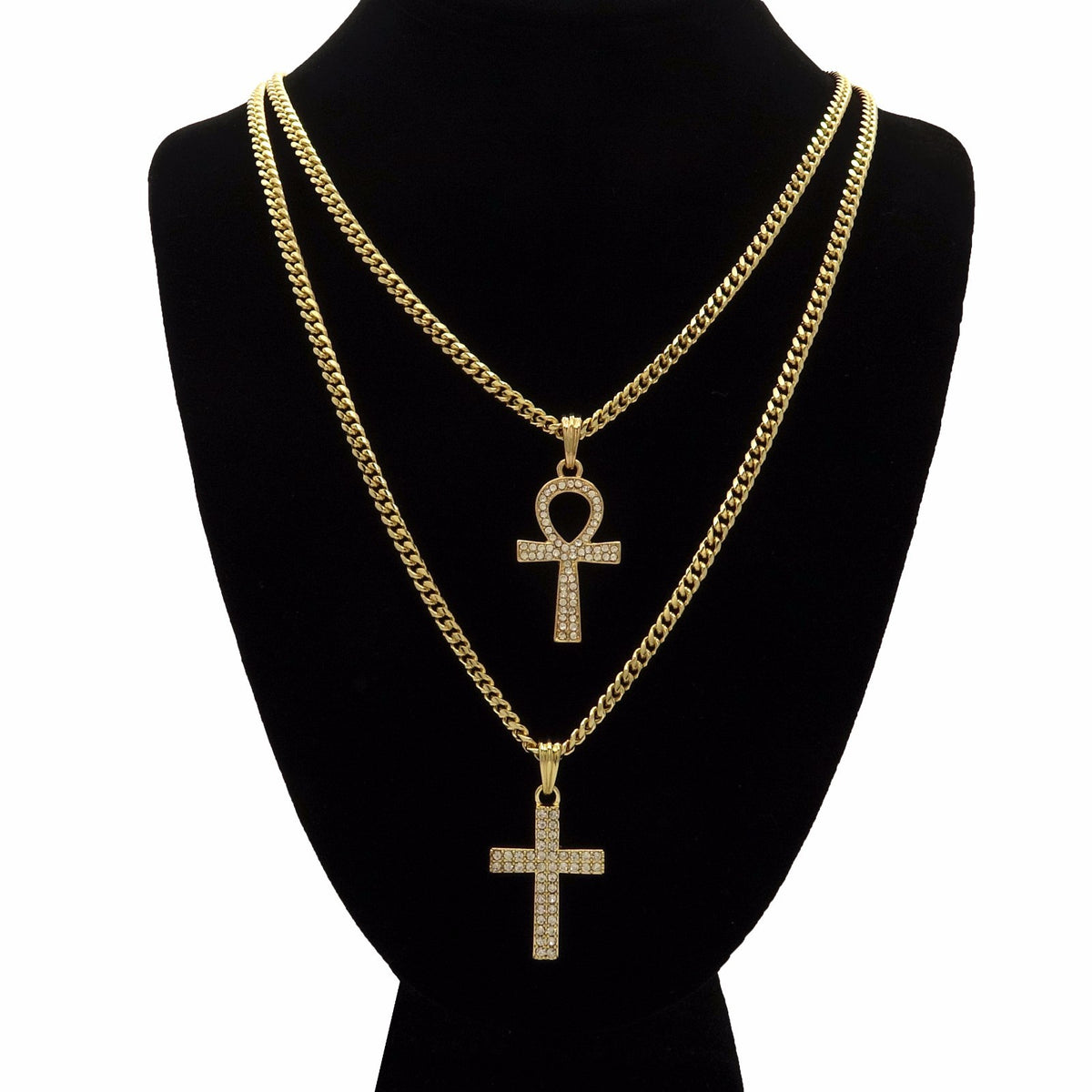 14k Gold Cross & Ankh Pendant CZ 30" & 24" Cuban Chain