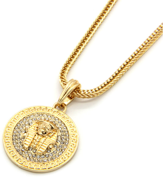 Men's Medallion Pharaoh Gold CZ 24" Franco Chain Pendant