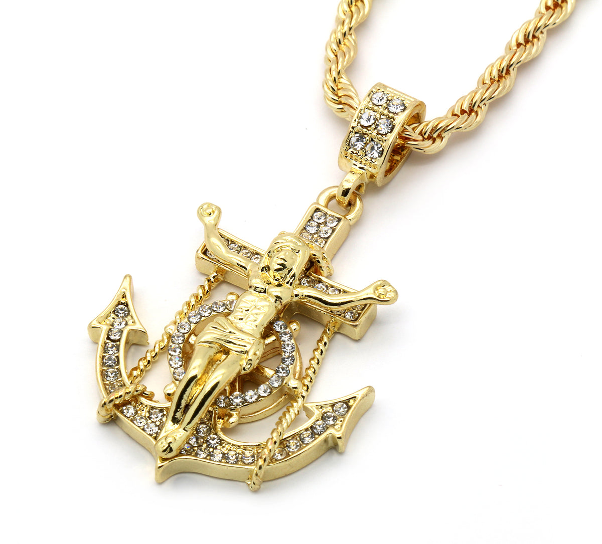Men's 14k Gold Jesus Hook Pendant CZ 24" Rope Chain