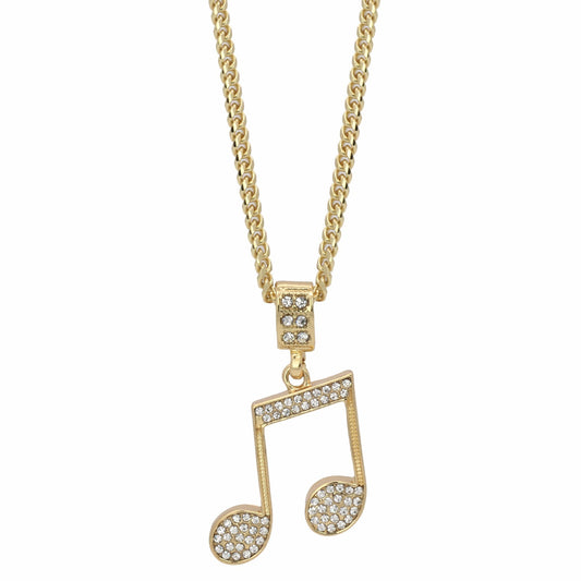 14k Gold Music Note Pendant Iced CZ 24" Cuban Necklace Chain