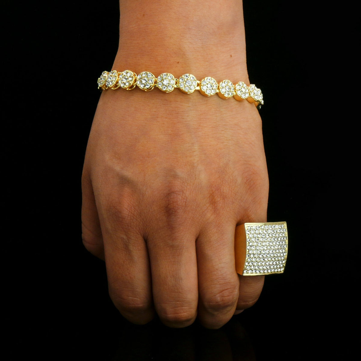 Men's Gold Iced CZ Round Flower Bracelet Huge Ring