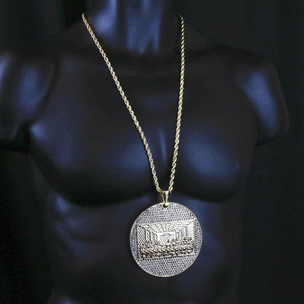 14k Gold " Huge Last Supper" Pendant CZ 30" Rope Chain