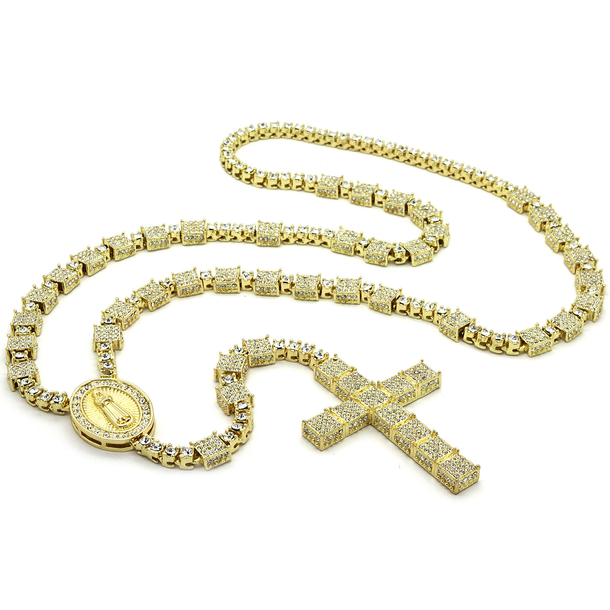 14k Gold CZ Rosary 3D Cube Cluster Guadalupe Necklace Cross