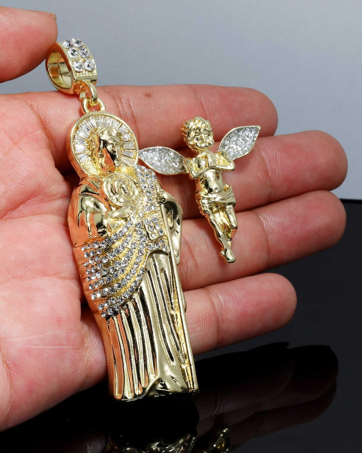 Iced San Judas & Angel Prayer Pendant CZ Gold 4mm Rope Chain