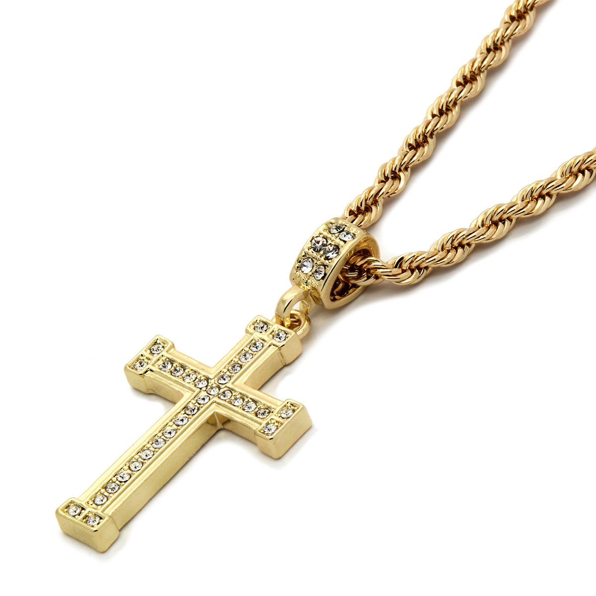 Men's 14k Gold Staple Cross Pendant CZ 24" Rope Chain
