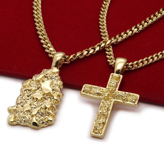 Men's 14k Gold High 2 Pc Nugget & Cross 3mm 30" & 24" Cuban Chain
