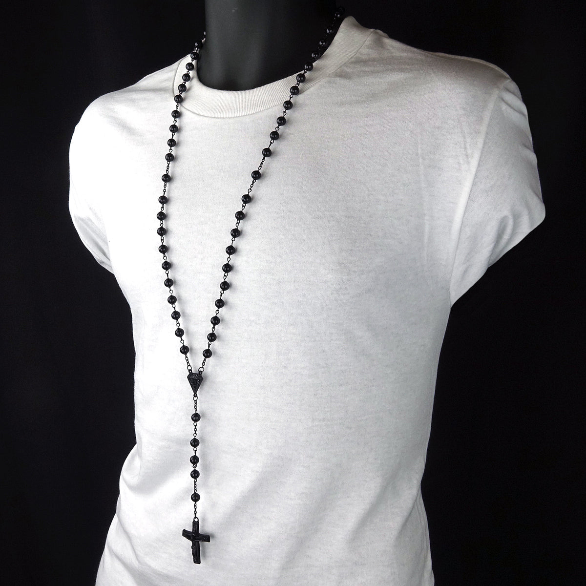 Men's 8mm Black Beads D-shape Rosary & Jesus Cross Necklace