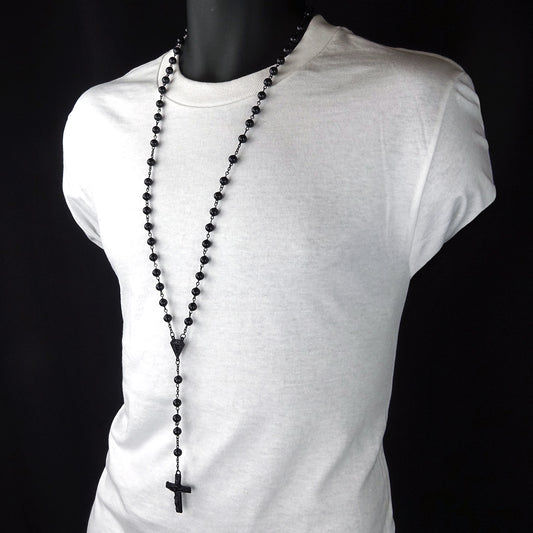 Men's 8mm Black Beads D-shape Rosary & Jesus Cross Necklace