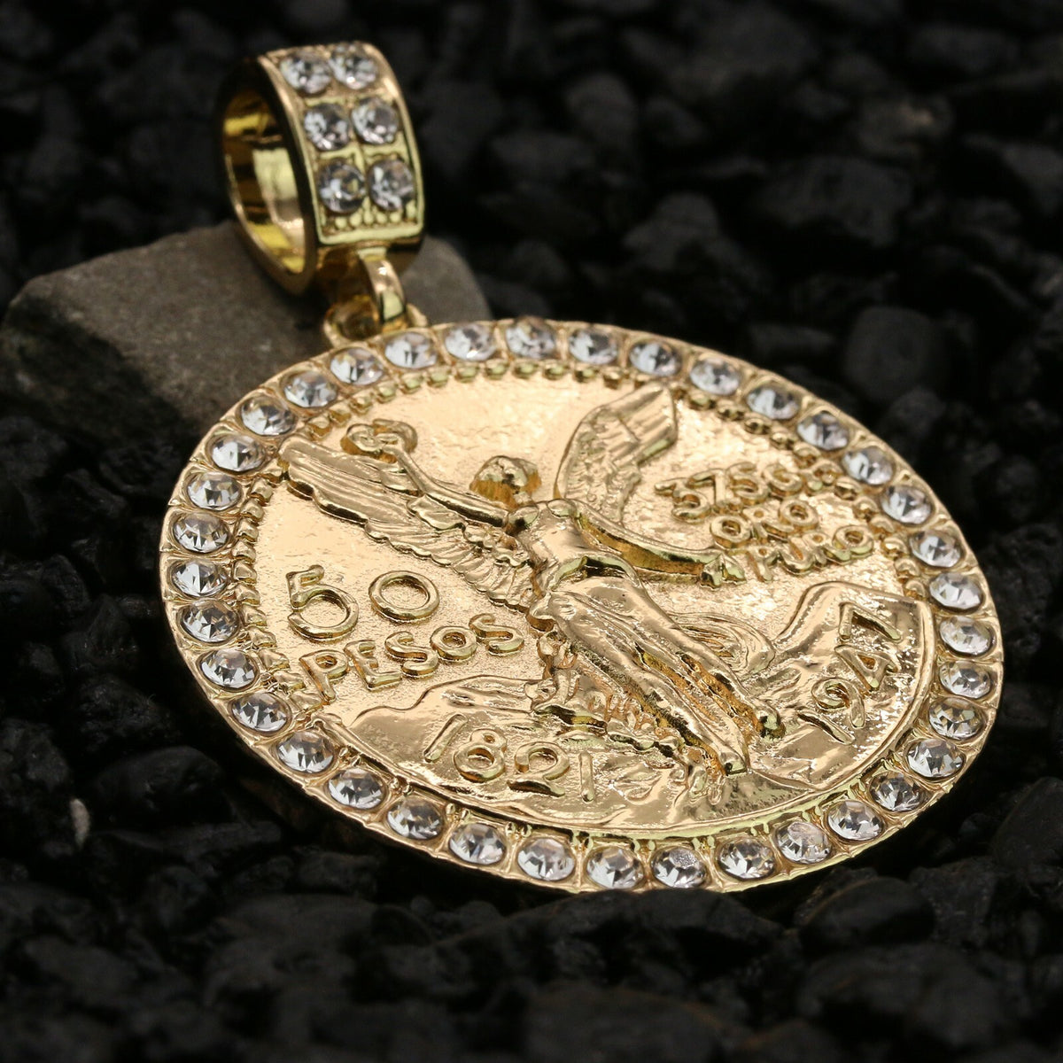 Centenario 50 Pesos Pendant Iced CZ Rope Chain 14k Gold