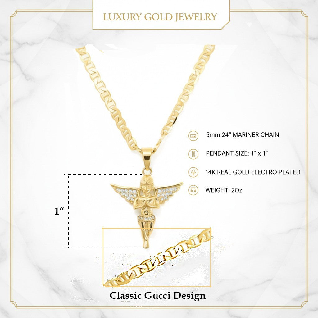 Gold Tone CZ Angel Pendant Necklace 5mm 24” Mariner Chain Men Women