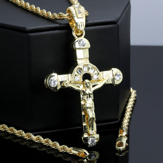 Halo Cross Iced Jesus Pendant CZ 14k Gold Rope Chain for Men