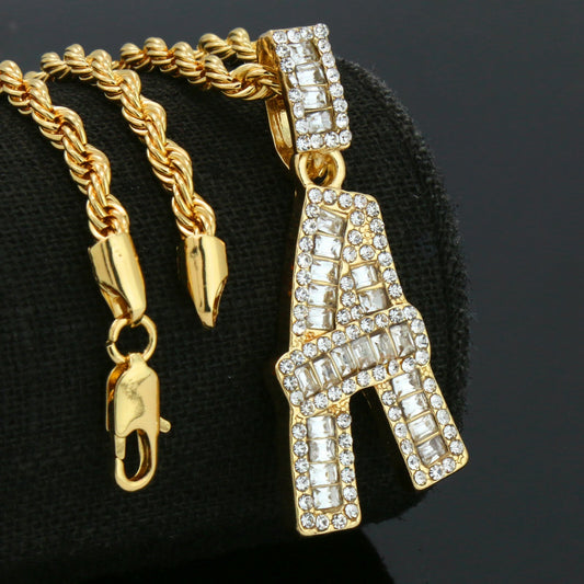 Initial Alphabet Letter Gold Cut Pendant CZ 24" Rope Chain