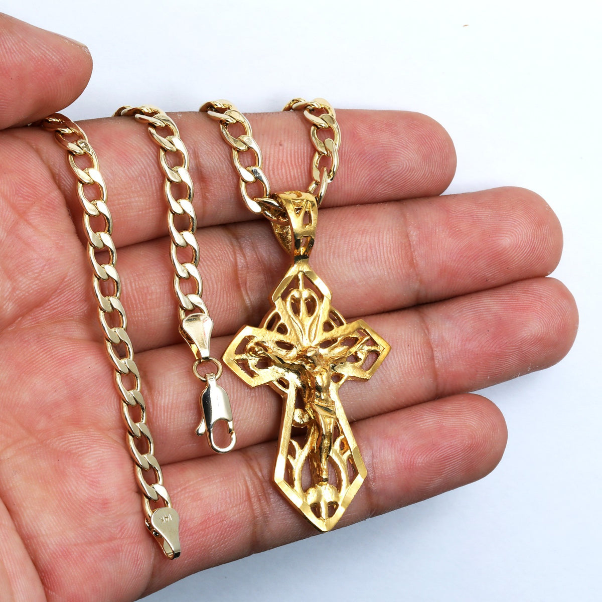 Sharp Jesus Cross Hollow Charm 14k Gold 5mm 20" Cuban Choker Chain