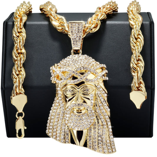 14k Rope Chain 10mm 20" & 24" Large Jesus Piece Tear Face Gold