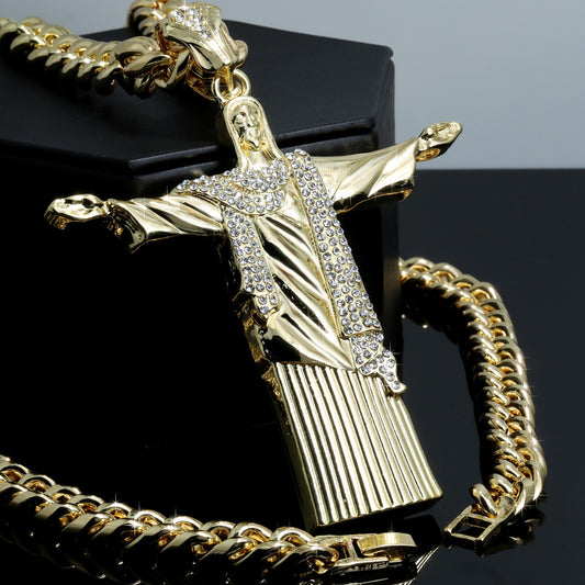 Large Jesus Redeemer Pendant Iced CZ & Cuban 10mm Chain Gold