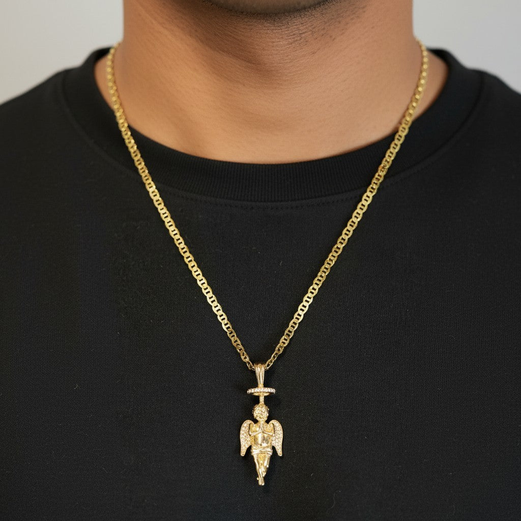 Gold Tone CZ Halo Prayer Angel Necklace – 14k Gold Mariner Chain