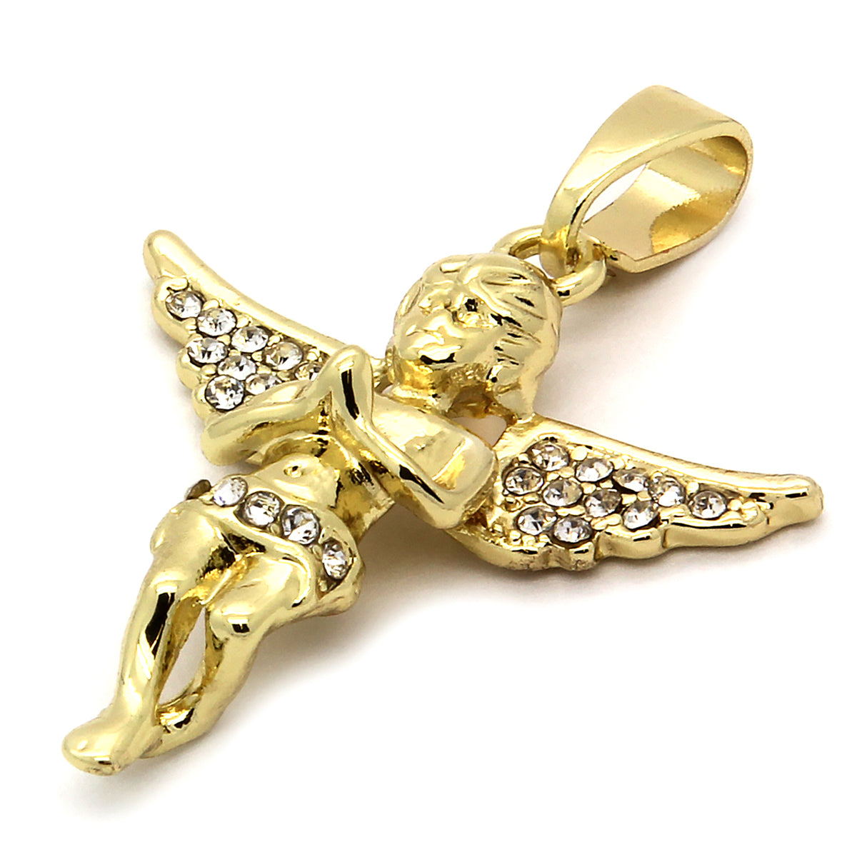 Men & Women Angel Pendant CZ Gold Steel Cuban 24"