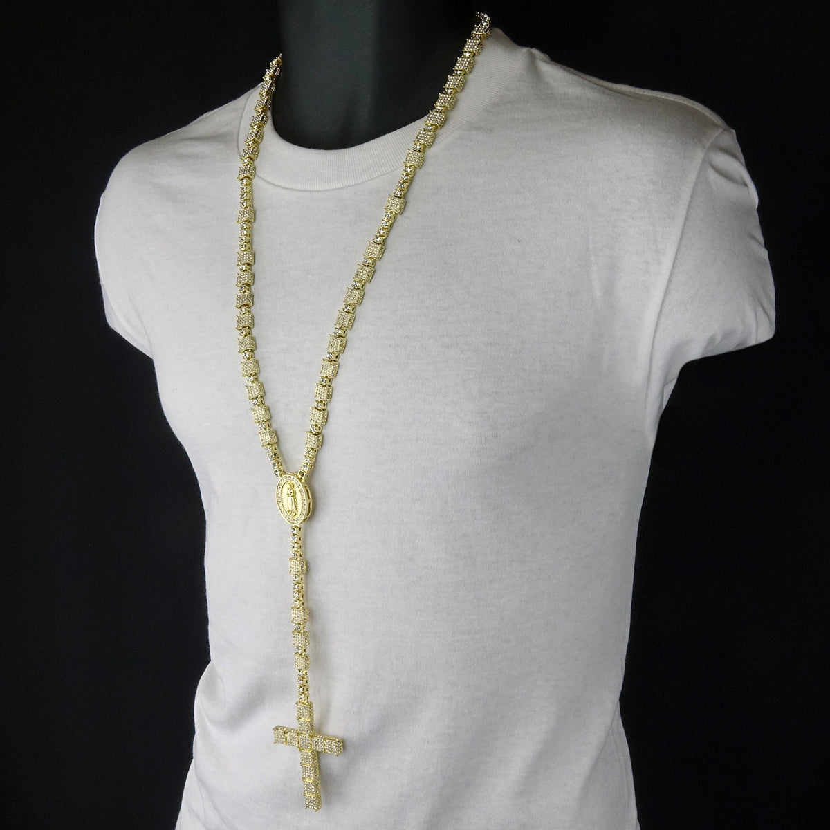 14k Gold CZ Rosary 3D Cube Cluster Guadalupe Necklace Cross