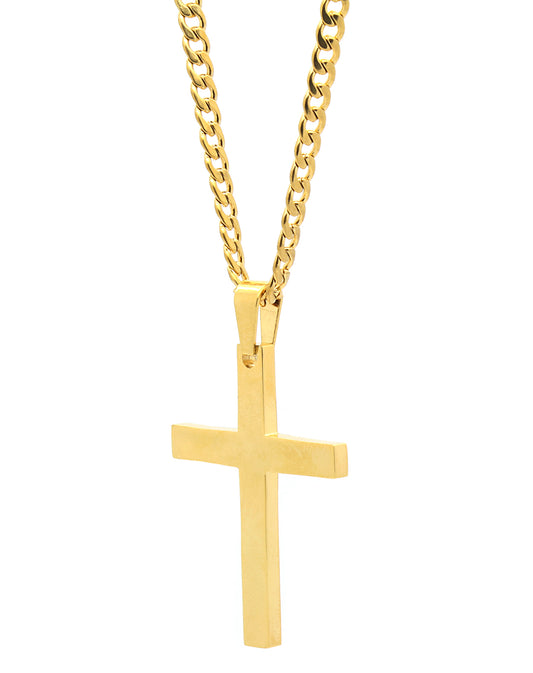 Men's Steel Gold Cross Plain Pendant 24" Cuban Necklace Chain