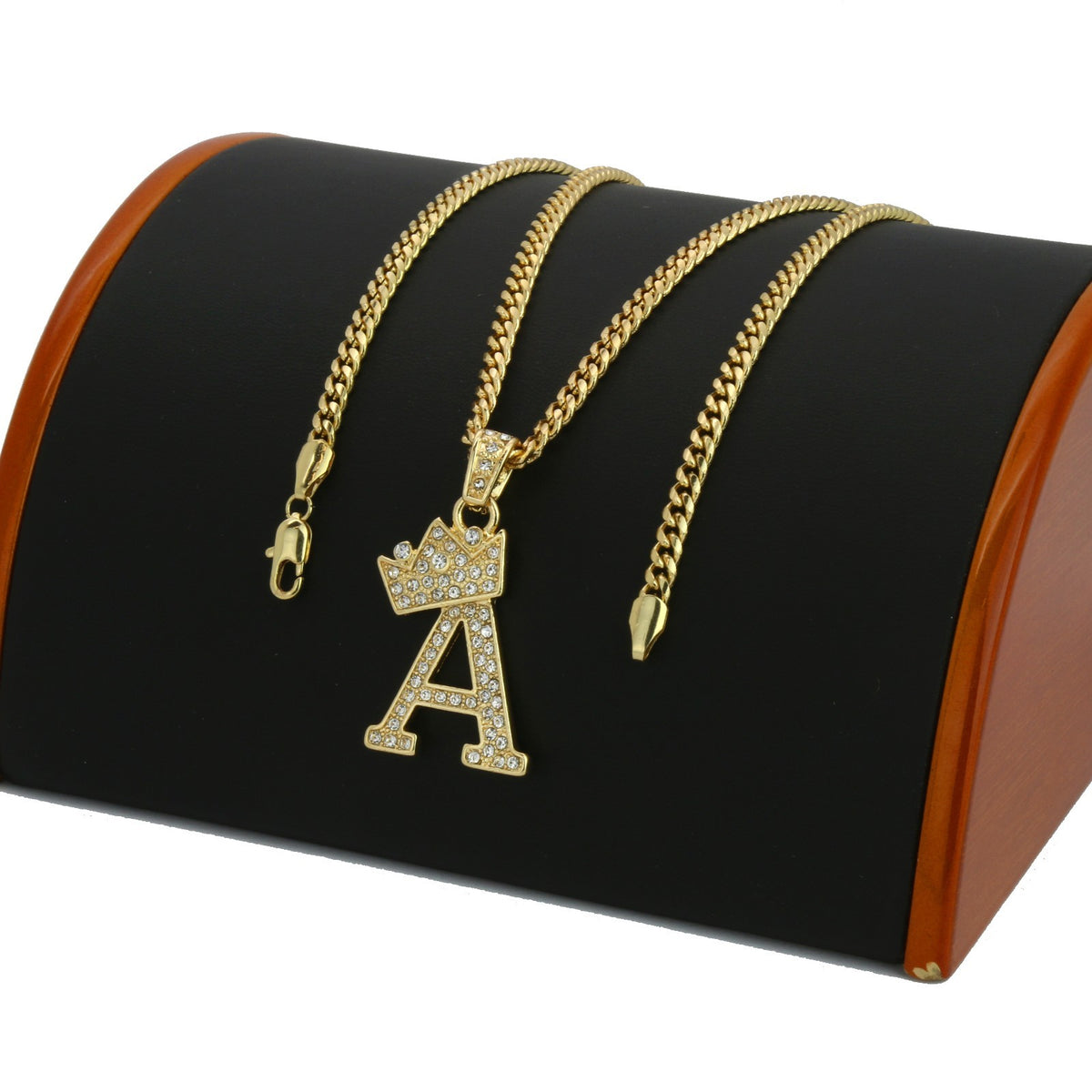 Gold Crown Alphabet Initial Letter Pendant CZ 24" Cuban Chain