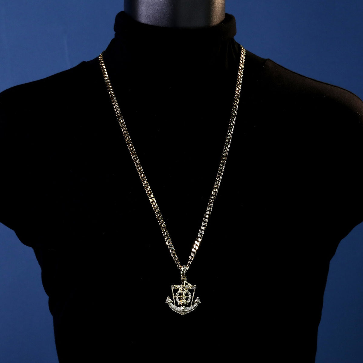Jesus Anchor Pendant Silver Stardust Iced CZ Gold Cuban Chain