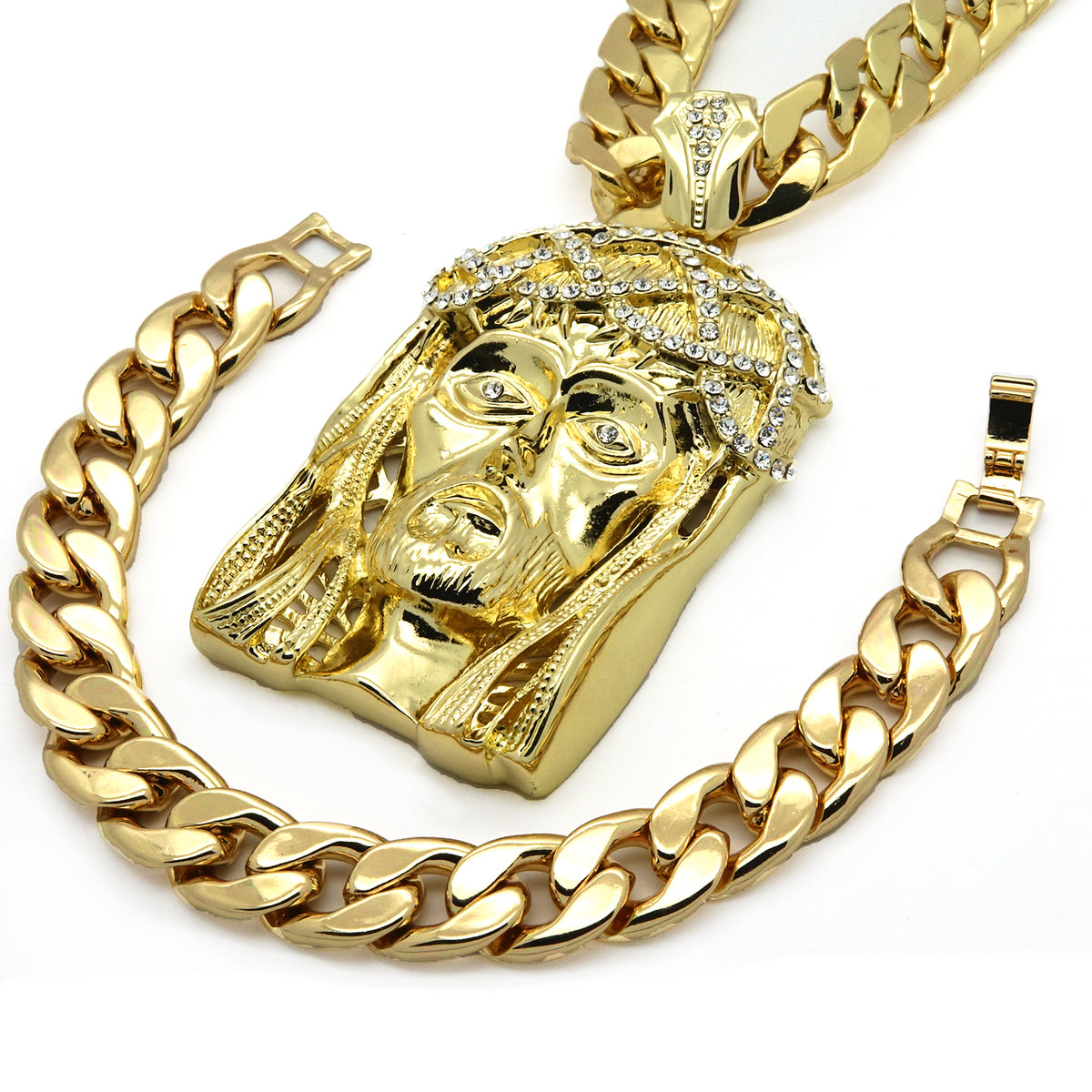 Men's 14k Gold Large Crown Jesus CZ 30" Cuban Chain Bracelet