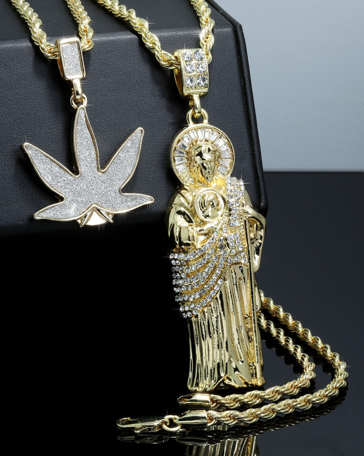 Iced San Judas & Marijuana Sst Pendant CZ Gold 4mm Rope Chain