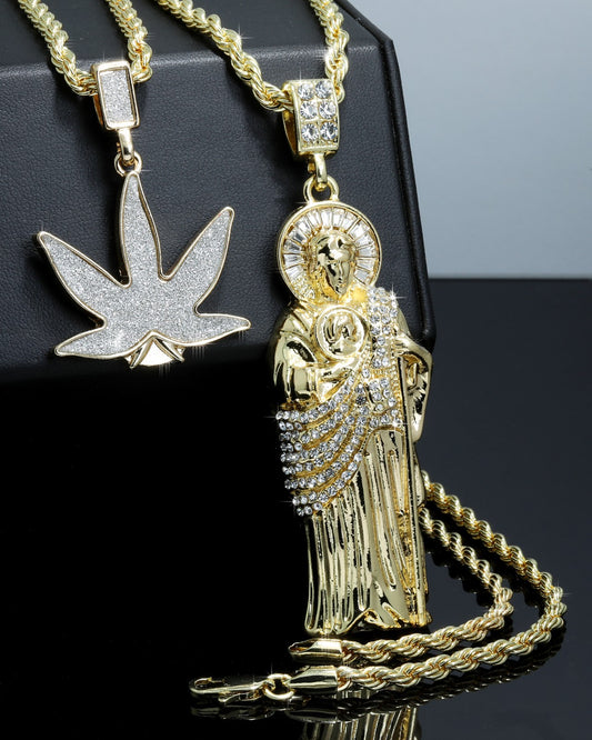 Iced San Judas & Marijuana Sst Pendant CZ Gold 4mm Rope Chain