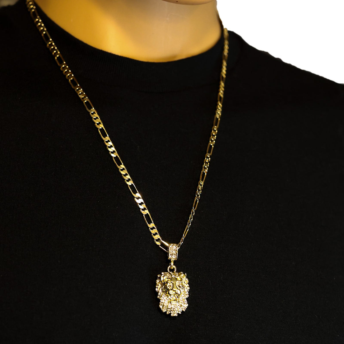 Men's Gold Tone CZ Lion Face Pendant 5mm 24" Figaro Necklace