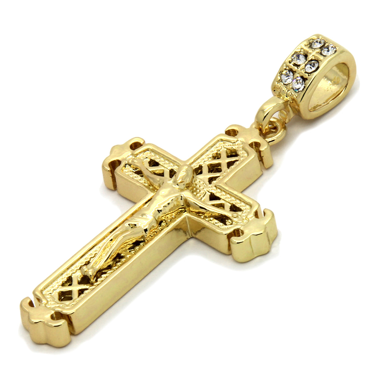 14k Gold Jesus Sharp Cross Pendant 24" Figaro Chain Iced