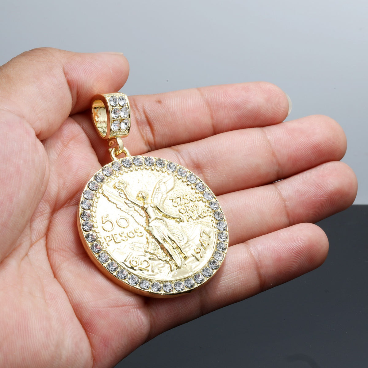 Centenario 50 Peso Pendant Iced CZ 4mm Rope Chain 14k Gold