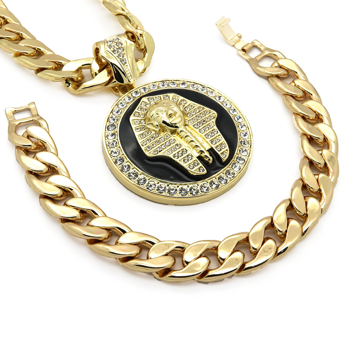 14k Gold Xl Black Pharaoh Pendant CZ 30" Cuban Chain Bracelet